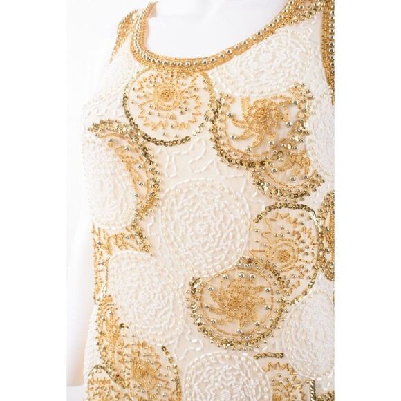 Vintage Interlude CA Womans Evening Shift Dress Size M Ivory Gold Beaded Silk - Picture 4 of 6